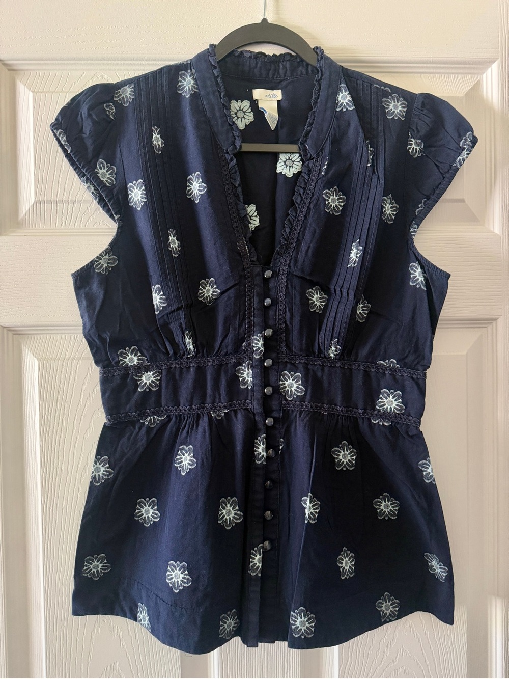 Odille for Anthropologie Navy Floral Button-Front Top